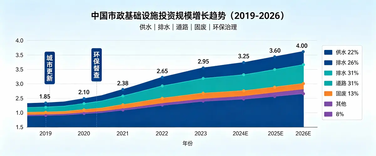 中国市政基础设施投资规模增长趋势（2019-2026）