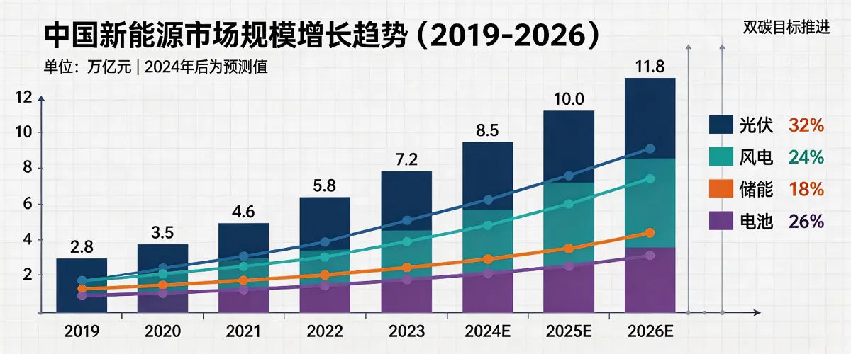 中国新能源市场规模增长趋势（2019-2026）